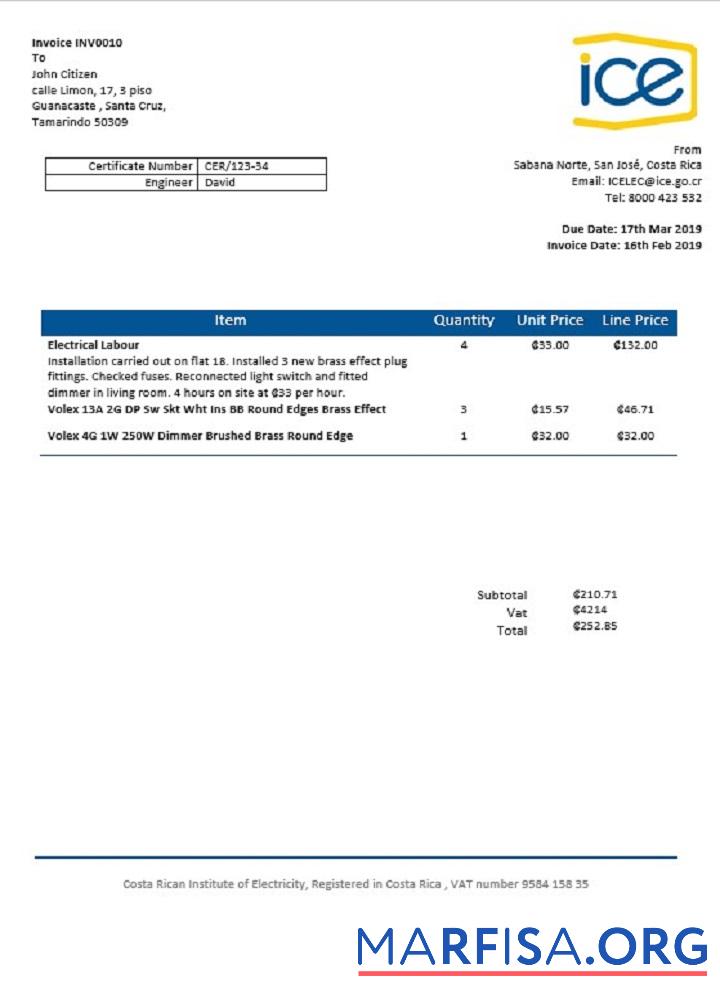 Downloadable Costa Rica Costa Rican Institute of Electricity utility bill sample